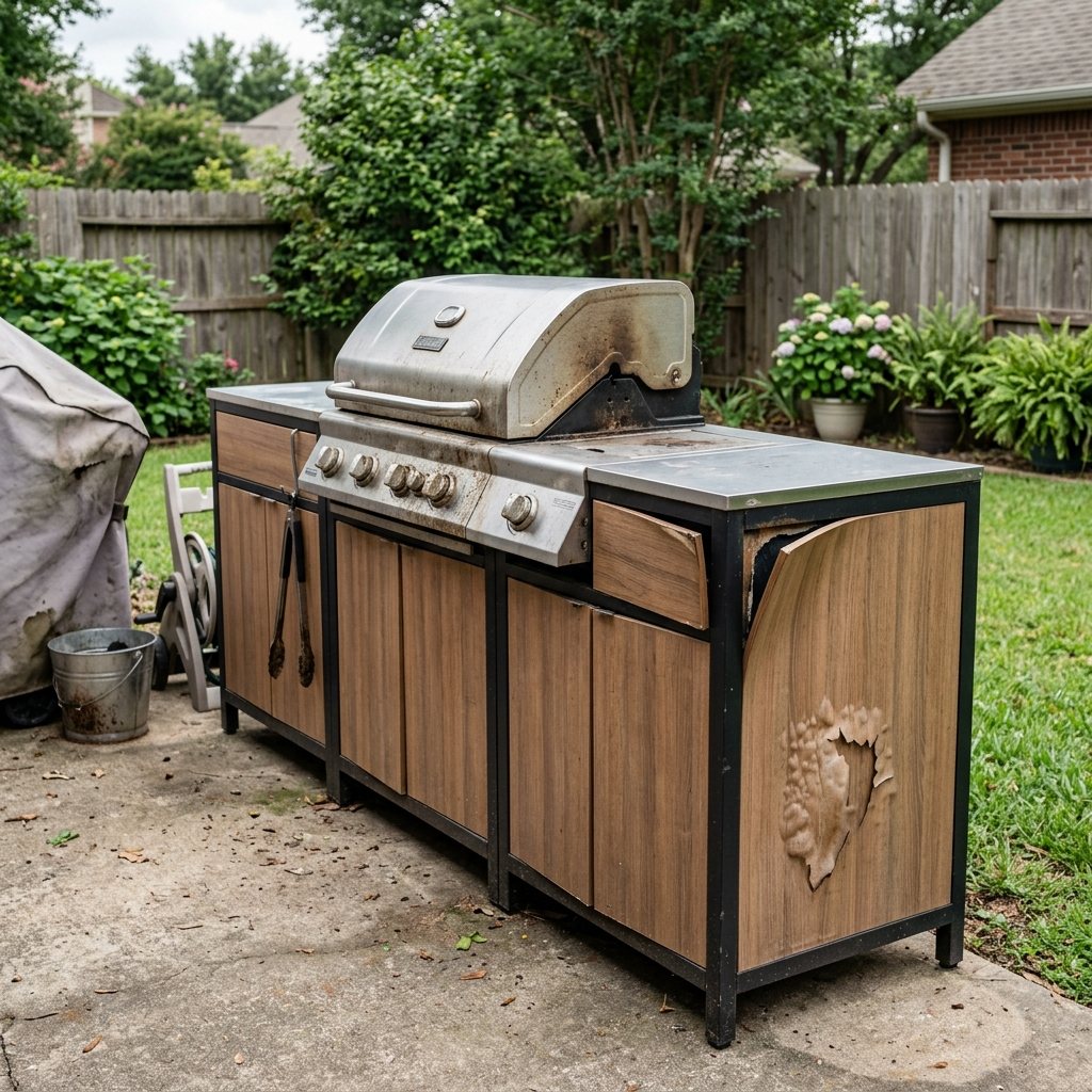 Cheap prefab outdoor kitchen with cabinet panels pulling apart and laminate peeling