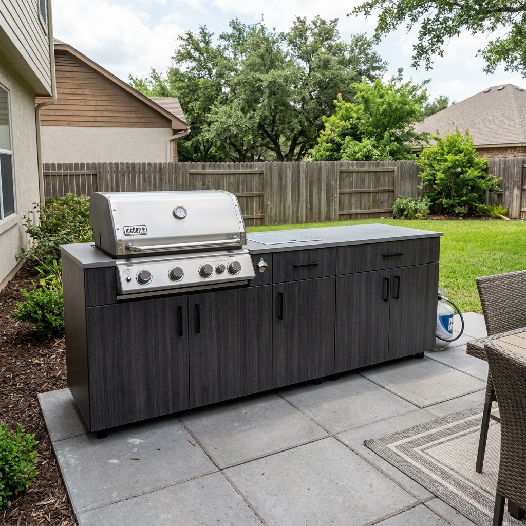 Ecommerce outdoor kitchen made of flat-panel cabinets instead of natural stone