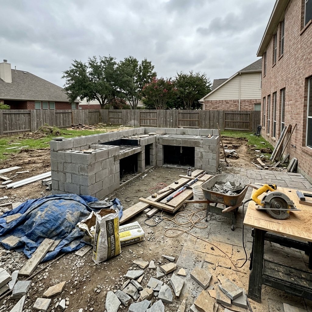 Traditional contractor outdoor kitchen halfway built, CMU blocks and natural stone construction site